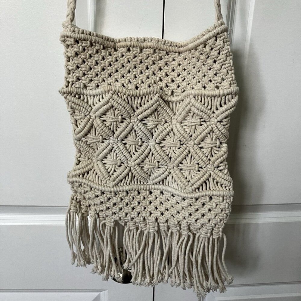 Straw Studios Macrame Bag Off White Woven Boho Fringe Crossbody